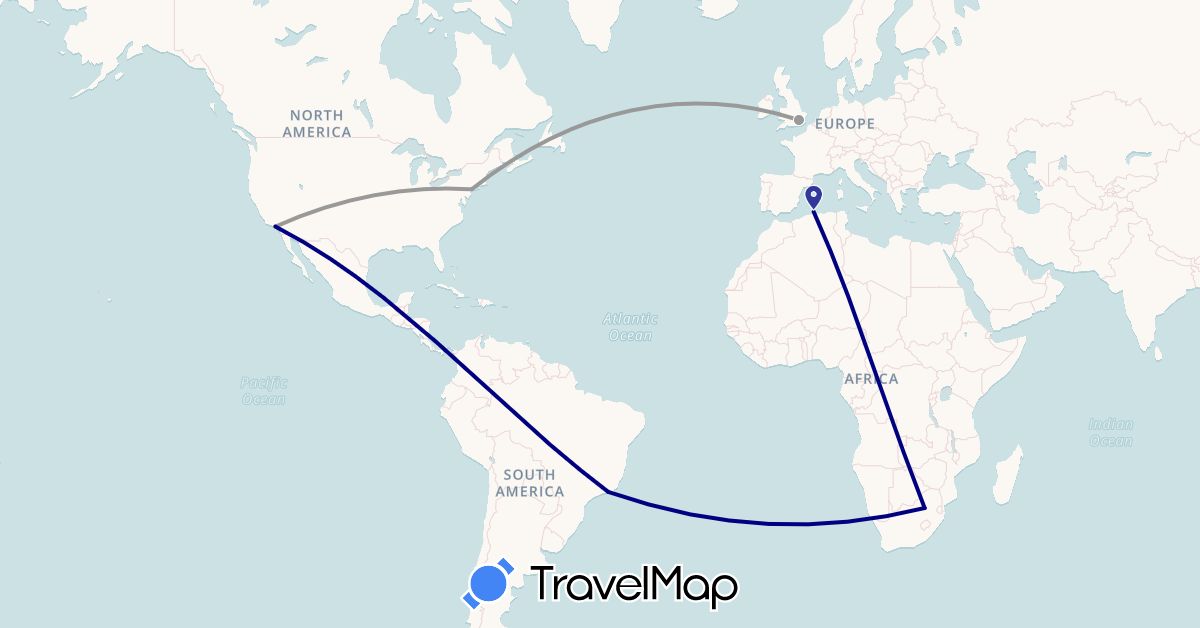 TravelMap itinerary: driving, plane in Brazil, Algeria, United Kingdom, United States, South Africa (Africa, Europe, North America, South America)